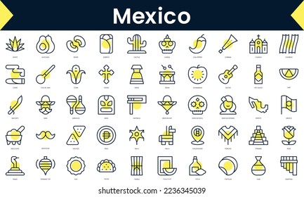 Set of thin line mexico Icons. Line art icon with Yellow shadow. Vector illustration
