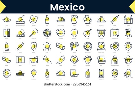 Set of thin line mexico Icons. Line art icon with Yellow shadow. Vector illustration