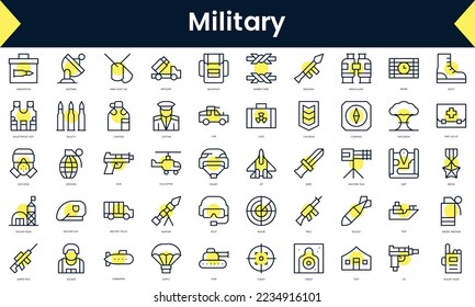 Conjunto de íconos militares de línea delgada. Icono de línea de arte con sombra amarilla. Ilustración del vector