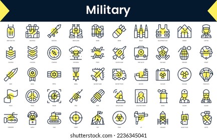 Conjunto de íconos militares de línea delgada. Icono de línea de arte con sombra amarilla. Ilustración del vector