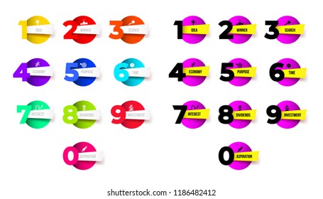 Set of thin line minimal template with icons 1, 2, 3, 4, 5, 6, 7, 8, 9, 0 options or steps. For your design used for process diagram, presentations, workflow layout, banner, flow chart, info graph.