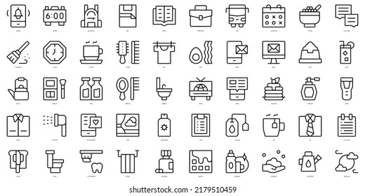 Set Of Thin Line Morning Routine Icons. Vector Illustration