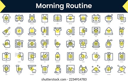 Set von Thin-Line-Routine-Icons für den Morgen. Line Art Symbol mit gelbem Schatten. Vektorgrafik
