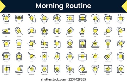 Set of thin line morning routine Icons. Line art icon with Yellow shadow. Vector illustration