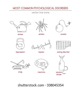Set of thin line most common psychological disorders icons: depression, phobia, stress, insomnia, eating and bipolar disorder, anxiety, PTSD, alcohol abuse. Great for therapists, healthcare design.