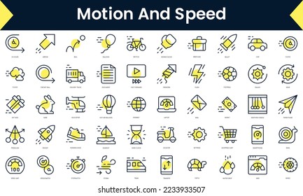 Juego de Iconos de velocidad y movimiento de línea delgada. Icono de línea de arte con sombra amarilla. Ilustración del vector