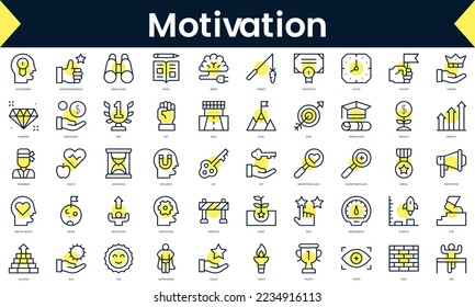 Set of thin line motivation Icons. Line art icon with Yellow shadow. Vector illustration