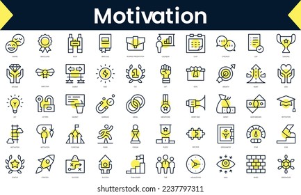 Set of thin line motivation Icons. Line art icon with Yellow shadow. Vector illustration