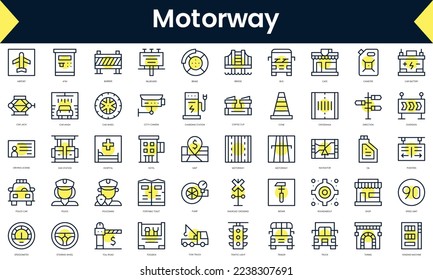 Set of thin line motorway Icons. Line art icon with Yellow shadow. Vector illustration