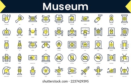 Set of thin line museum Icons. Line art icon with Yellow shadow. Vector illustration