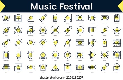 Set of thin line music festival Icons. Line art icon with Yellow shadow. Vector illustration