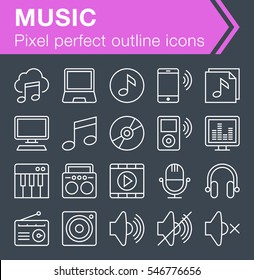 Set of thin line music icons for mobile apps and web design. 
Pixel perfect trendy thin line icons. Editable stroke.