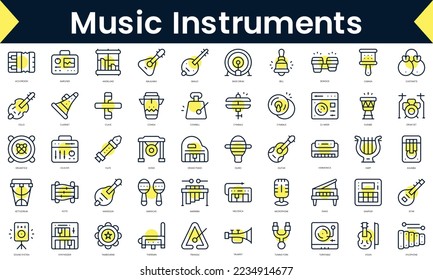 Set of thin line music instruments Icons. Line art icon with Yellow shadow. Vector illustration