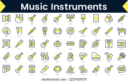 Set of thin line music instruments Icons. Line art icon with Yellow shadow. Vector illustration