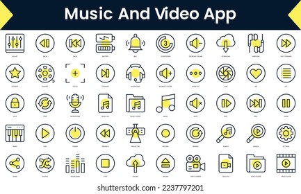 Set of thin line music and video app Icons. Line art icon with Yellow shadow. Vector illustration