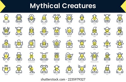 Set of thin line mythical creatures Icons. Line art icon with Yellow shadow. Vector illustration