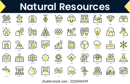 Set of thin line natural resources Icons. Line art icon with Yellow shadow. Vector illustration