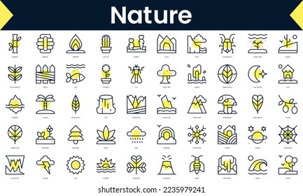 Set of thin line nature Icons. Line art icon with Yellow shadow. Vector illustration