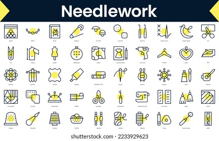 Set of thin line needlework Icons. Line art icon with Yellow shadow. Vector illustration