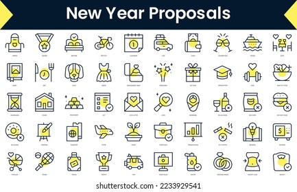 Set of thin line new year proposals Icons. Line art icon with Yellow shadow. Vector illustration