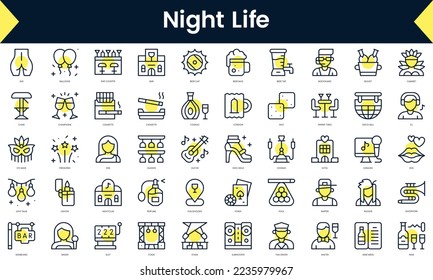 Set of thin line night life Icons. Line art icon with Yellow shadow. Vector illustration