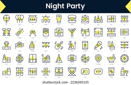 Set of thin line night party Icons. Line art icon with Yellow shadow. Vector illustration