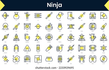 Set of thin line ninja Icons. Line art icon with Yellow shadow. Vector illustration