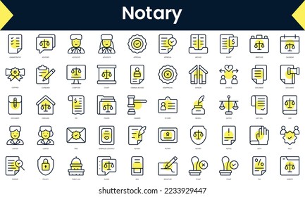 Conjunto de Iconos notarios de línea delgada. Icono de línea de arte con sombra amarilla. Ilustración del vector