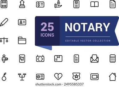 Set of thin line notary Icons. Lawyear and law related icon set. Icon for web and UI. Editable Vector illustration.