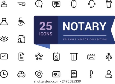 Set of thin line notary Icons. Lawyear and law related icon set. Icon for web and UI. Editable Vector illustration.