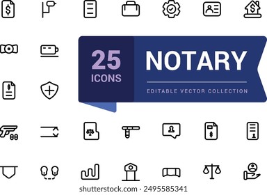 Set of thin line notary Icons. Lawyear and law related icon set. Icon for web and UI. Editable Vector illustration.