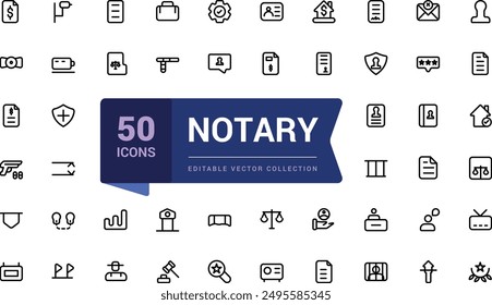Conjunto de iconos de notario de línea fina. Conjunto de iconos relacionados con Lawyear y law. Icono de Web y UI. Ilustración vectorial editable.