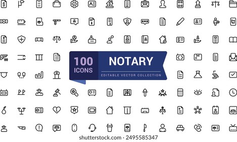 Set of thin line notary Icons. Lawyear and law related icon set. Icon for web and UI. Editable Vector illustration.