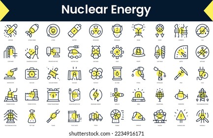 Set of thin line nuclear energy Icons. Line art icon with Yellow shadow. Vector illustration