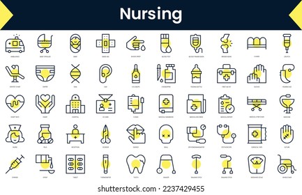 Set of thin line nursing Icons. Line art icon with Yellow shadow. Vector illustration