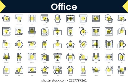 Set of thin line office Icons. Line art icon with Yellow shadow. Vector illustration