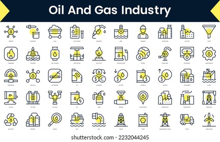 Conjunto de Iconos de la industria de petróleo y gas de línea delgada. Icono de línea de arte con sombra amarilla. Ilustración del vector