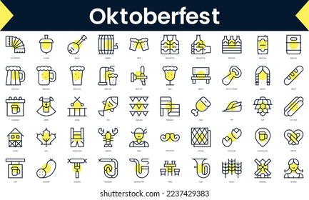 Set of thin line oktoberfest Icons. Line art icon with Yellow shadow. Vector illustration