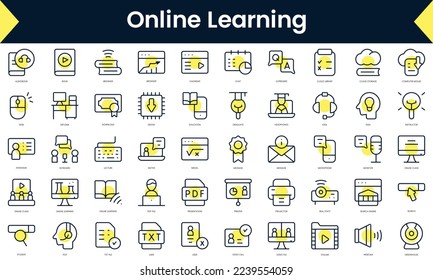 Set of thin line online learning Icons. Line art icon with Yellow shadow. Vector illustration