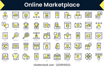 Set of thin line online marketplace Icons. Line art icon with Yellow shadow. Vector illustration