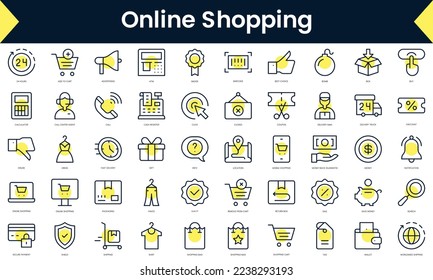 Set of thin line online shopping Icons. Line art icon with Yellow shadow. Vector illustration