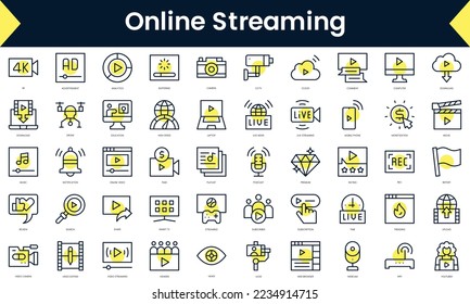Set of thin line online streaming Icons. Line art icon with Yellow shadow. Vector illustration