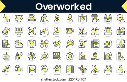 Set of thin line overworked Icons. Line art icon with Yellow shadow. Vector illustration