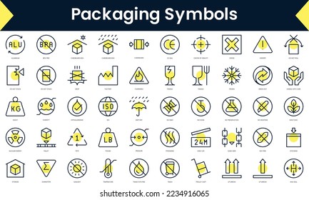 Satz von Symbolen für die Verpackung in dünner Linie. Line Art Symbol mit gelbem Schatten. Vektorgrafik