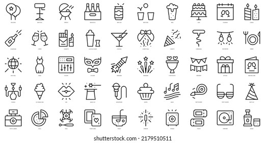 Fiesta de delgada línea y celebración Iconos. Ilustración del vector