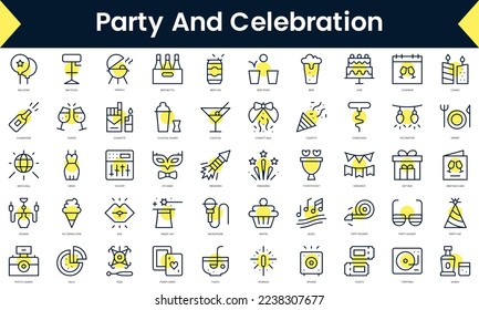Set of thin line party and celebration Icons. Line art icon with Yellow shadow. Vector illustration