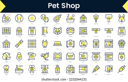 Set of thin line pet shop Icons. Line art icon with Yellow shadow. Vector illustration