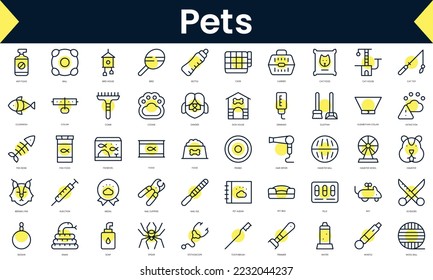 Set of thin line pets Icons. Line art icon with Yellow shadow. Vector illustration