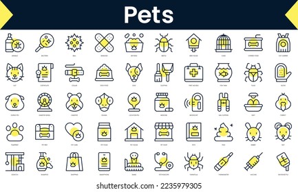 Set of thin line pets Icons. Line art icon with Yellow shadow. Vector illustration