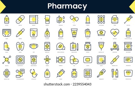 Set of thin line pharmacy Icons. Line art icon with Yellow shadow. Vector illustration